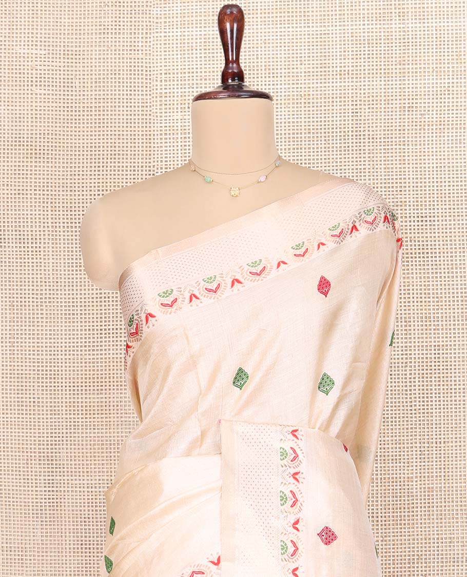 Cream Tussar Silk Saree, Woven with Buttas on Its Body, Subtle Border of Unique Motifs, Pallu of Ogee Patterns, and Paired with a Matching Blouse - Image 2