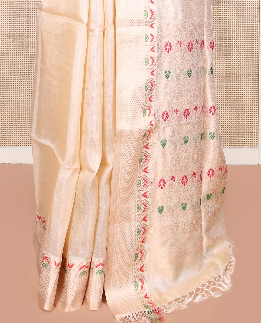 Cream Tussar Silk Saree, Woven with Buttas on Its Body, Subtle Border of Unique Motifs, Pallu of Ogee Patterns, and Paired with a Matching Blouse - Image 4