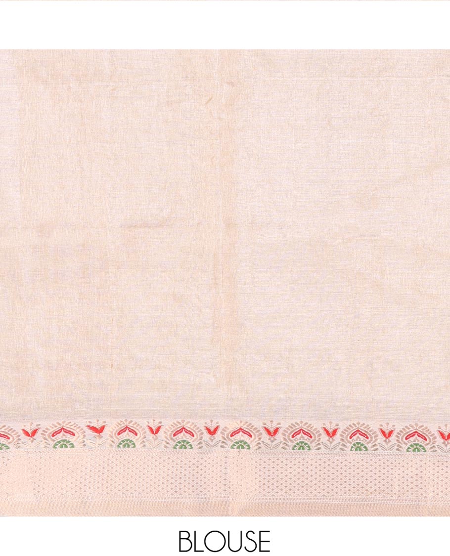 Cream Tussar Silk Saree, Woven with Buttas on Its Body, Subtle Border of Unique Motifs, Pallu of Ogee Patterns, and Paired with a Matching Blouse - Image 5
