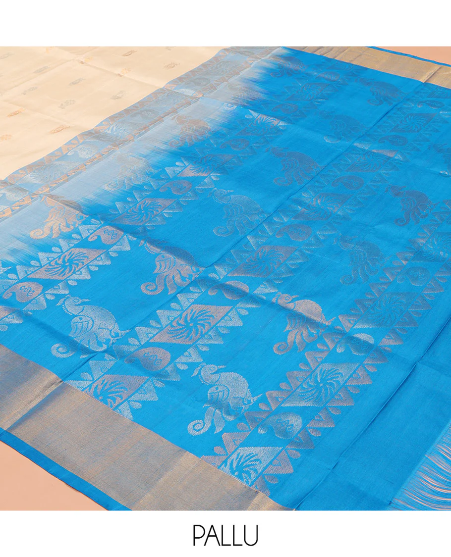 Cream Uppada Silk Saree, Subtly Sparkled with Zari Buttas All Over Its Body, Complemented by a Contrast Bavanji Border, Pallu Features Peacock Designs, and Paired with a Contrast Blouse - Image 5