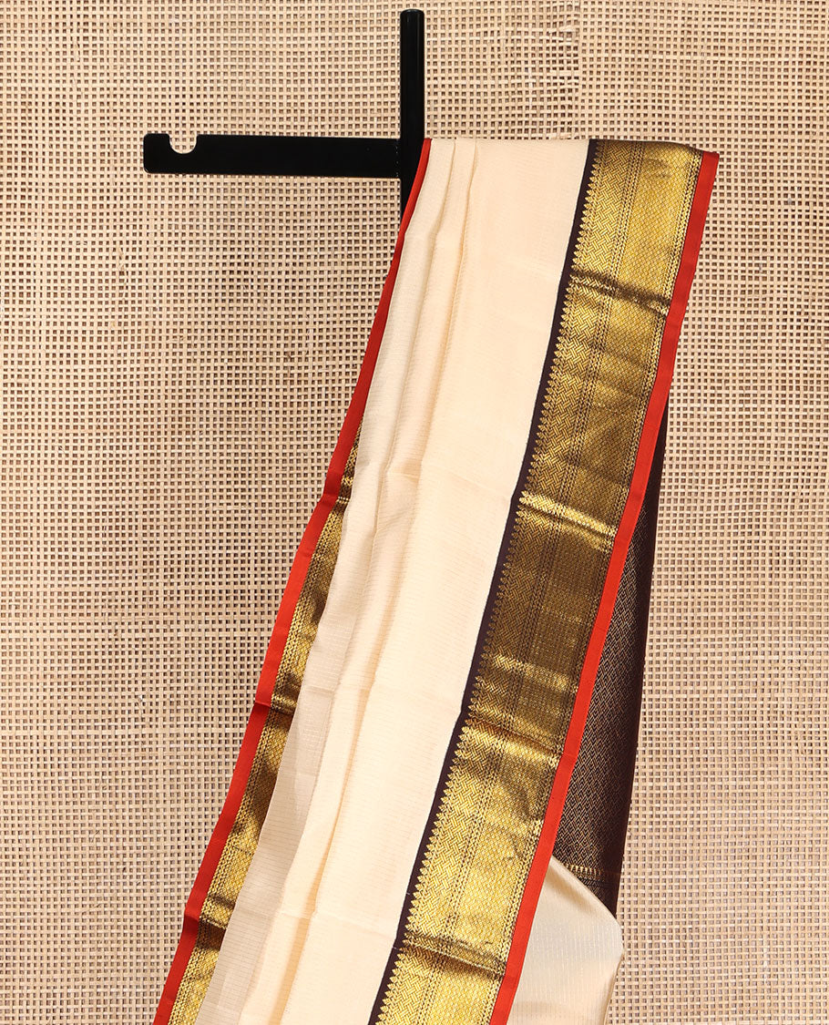 Cream Vasundhara Lite Silk Mix Saree, Sparsely Woven with Stripes on Its Body, Complemented by a Contrast Border of Thilakam, Pai Yaadi, Neli, and Mayil Kann Designs, Intricately Designed Pallu, and Paired with a Contrast Blouse - Image 3