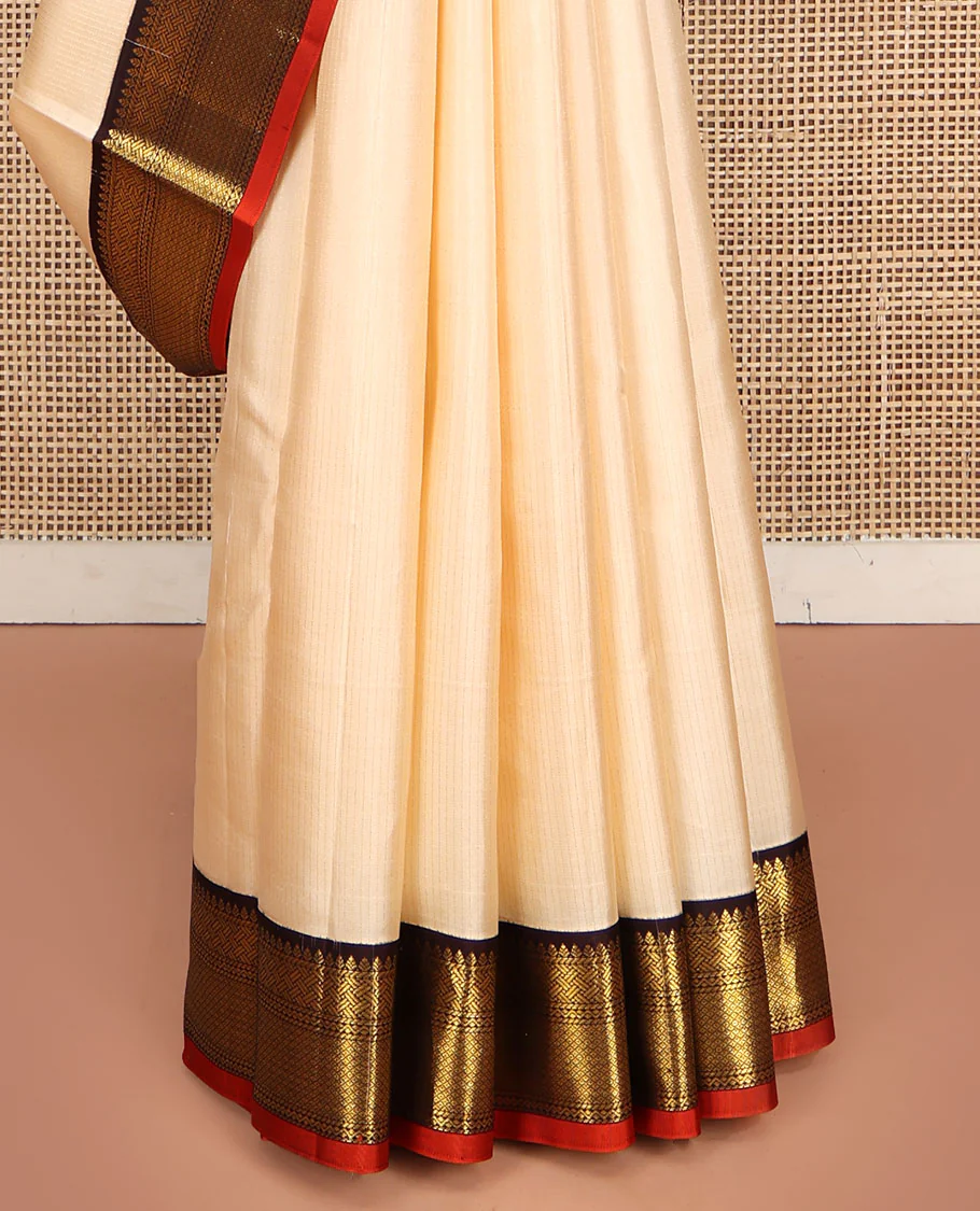 Cream Vasundhara Lite Silk Mix Saree, Sparsely Woven with Stripes on Its Body, Complemented by a Contrast Border of Thilakam, Pai Yaadi, Neli, and Mayil Kann Designs, Intricately Designed Pallu, and Paired with a Contrast Blouse - Image 4