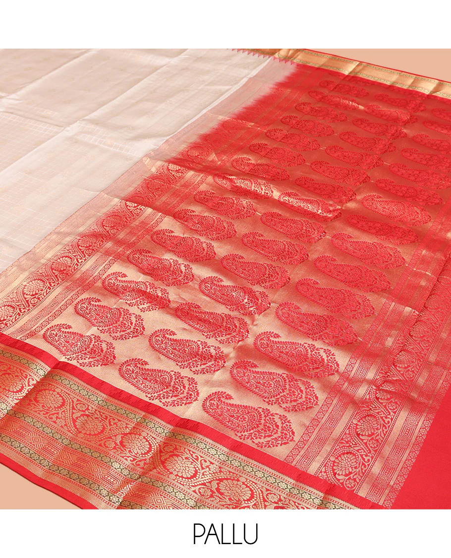 Cream Vasundhara Silk Saree, Subtly Sparkled with Buttas And Checks On Its Body, Complemented by Captivating Contrast Border of Thazampoo Rekku, Muthu, Banaras, and Kodi Visiry Designs, Pallu Steeped with Manga Designs, And Paired with a Contrast Blouse - Image 11
