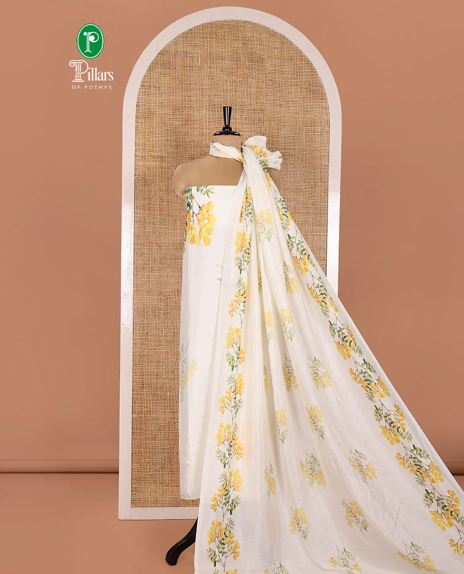 Cream Vishu Kani-Themed Material Chudidhar Set Featuring Kanikkonna Flower Printed on Semi-Silk Top, Plain Santoon Bottom, and Semi-Silk Ikkat Kanikkonna Flower Printed Dupatta