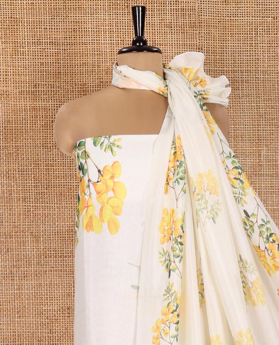 Cream Vishu Kani-Themed Material Chudidhar Set Featuring Kanikkonna Flower Printed on Semi-Silk Top, Plain Santoon Bottom, and Semi-Silk Ikkat Kanikkonna Flower Printed Dupatta - Image 3