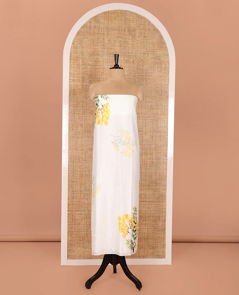 Cream Vishu Kani-Themed Material Chudidhar Set Featuring Kanikkonna Flower Printed on Semi-Silk Top, Plain Santoon Bottom, and Semi-Silk Ikkat Kanikkonna Flower Printed Dupatta - Image 4