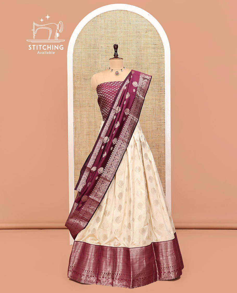 Cream-Wine Art Silk Half Saree, Embellished with Zari Buttas Skirt, Contrast Traditional Border, Jacquard Blouse, and a Contrast Banaras Dhavani