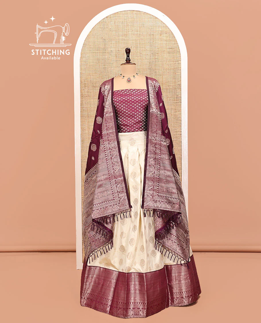 Cream-Wine Art Silk Half Saree, Embellished with Zari Buttas Skirt, Contrast Traditional Border, Jacquard Blouse, and a Contrast Banaras Dhavani - Image 2