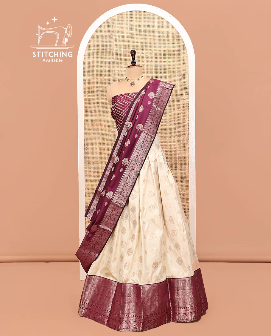 Cream-Wine Art Silk Half Saree, Embellished with Zari Buttas Skirt, Contrast Traditional Border, Jacquard Blouse, and a Contrast Banaras Dhavani - Image 3