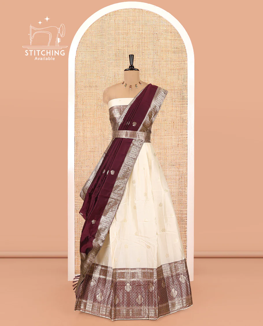 Cream-Wine Semi-Banarasi Half-Saree Set Featuring Buttas Skirt, Contrast Traditional Border, a Matching Blouse, and a Banaras Dhavani - Image 3