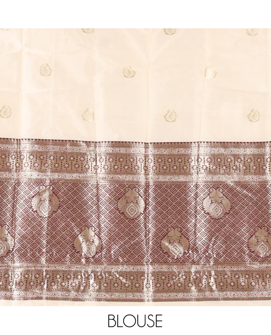 Cream-Wine Semi-Banarasi Half-Saree Set Featuring Buttas Skirt, Contrast Traditional Border, a Matching Blouse, and a Banaras Dhavani - Image 4