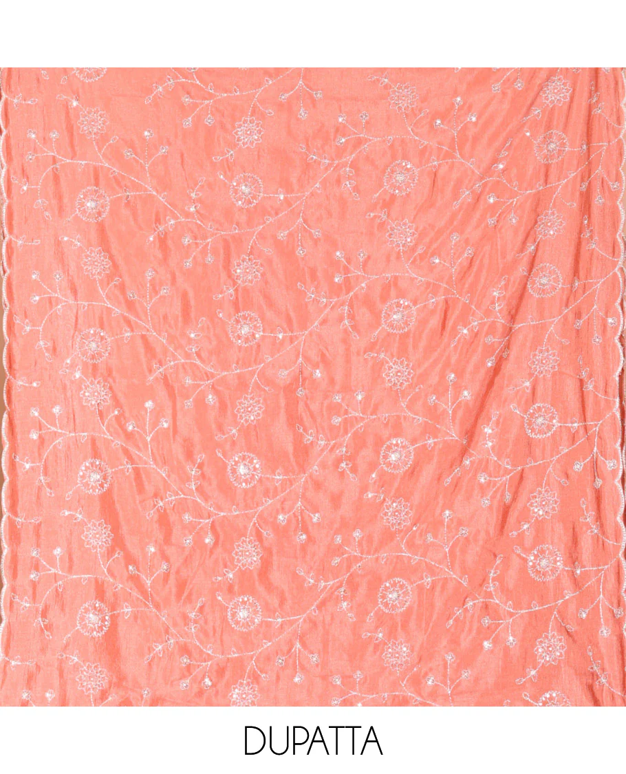 Cream with Dark Peach Vichitra Silk Material Chudidar Set, Elevated with Gold Zari Buttas On Its Top, a Plain Santoon Bottom, and Comes with a Floral Vine Sequins Embroidered Dupatta - Image 2