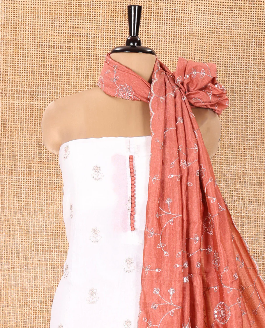 Cream with Dark Peach Vichitra Silk Material Chudidar Set, Elevated with Gold Zari Buttas On Its Top, a Plain Santoon Bottom, and Comes with a Floral Vine Sequins Embroidered Dupatta - Image 3
