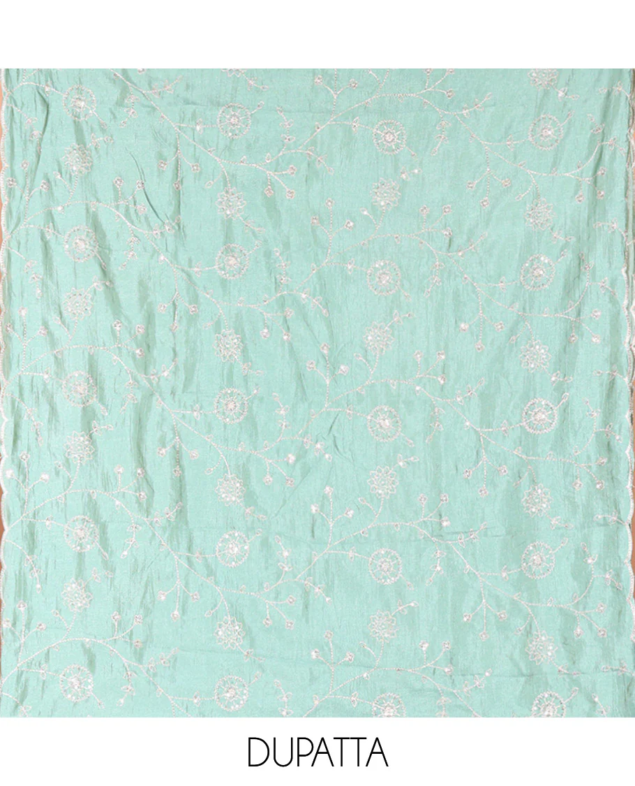 Cream with Green Vichitra Silk Material Chudidar Set, Elevated with Gold Zari Buttas On Its Top, a Plain Santoon Bottom, and Comes with a Floral Vine Sequins Embroidered Dupatta - Image 2