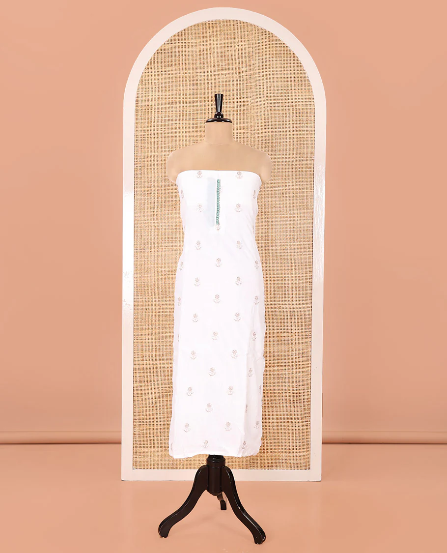 Cream with Green Vichitra Silk Material Chudidar Set, Elevated with Gold Zari Buttas On Its Top, a Plain Santoon Bottom, and Comes with a Floral Vine Sequins Embroidered Dupatta - Image 4