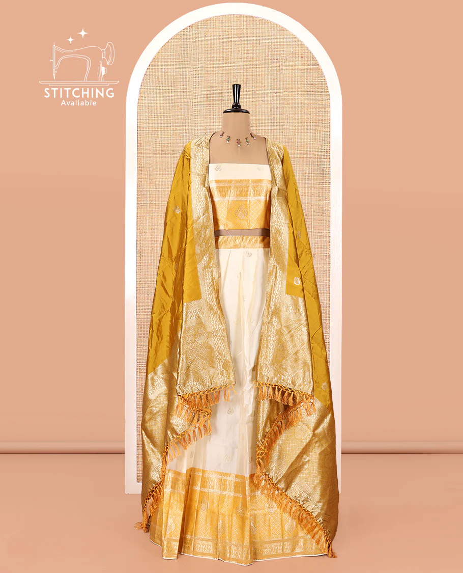 Cream-Yellow Semi-Banarasi Half-Saree Set Featuring Buttas Skirt, Contrast Traditional Border, Matching Blouse, and Banaras Dhavani - Image 2