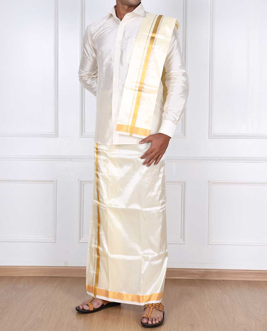 Cream zari border puresilk & polyester mix double-layer dhoti with angavastram - Image 3