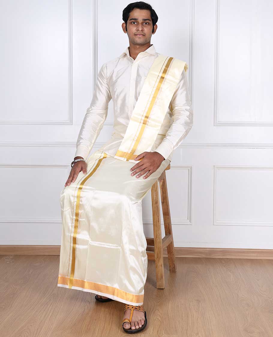 Cream zari border puresilk & polyester mix double-layer dhoti with angavastram - Image 5