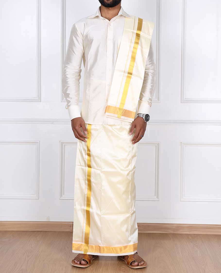 Cream zari border puresilk & polyester mix double-layer dhoti with angavastram - Image 2