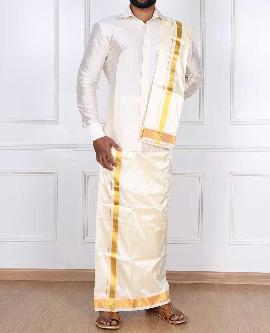 Cream zari border puresilk & polyester mix double-layer dhoti with angavastram - Image 3