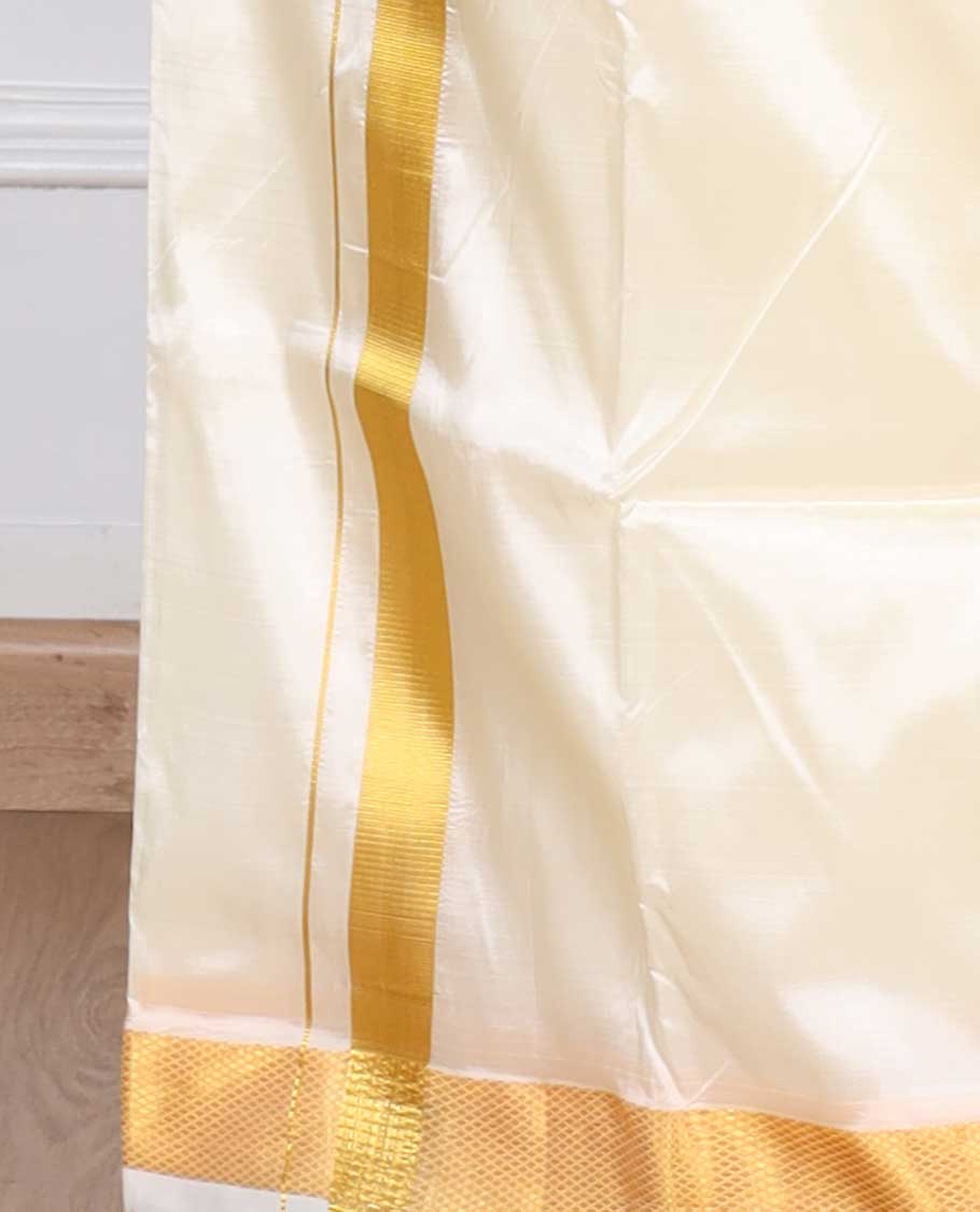 Cream zari border puresilk & polyester mix double-layer dhoti with angavastram - Image 4
