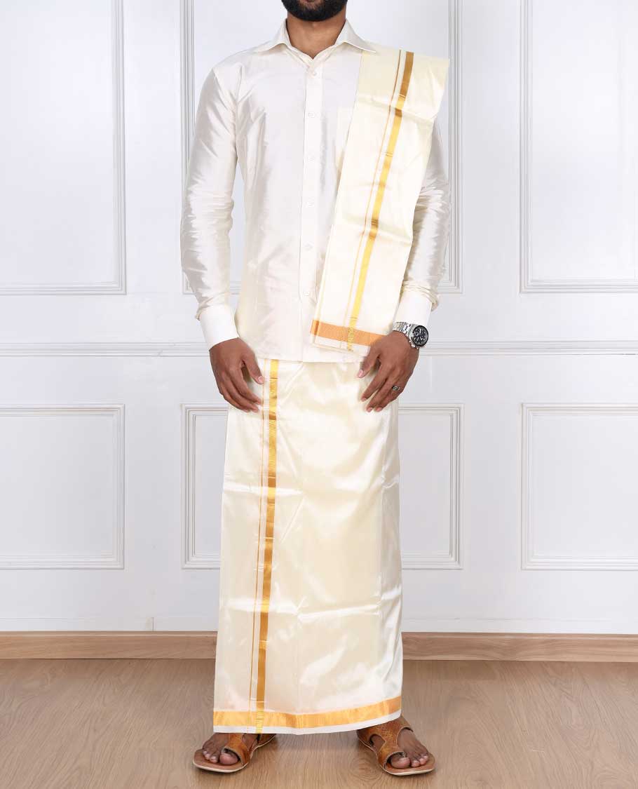 Cream zari border puresilk & polyester mix double-layer dhoti with angavastram - Image 2