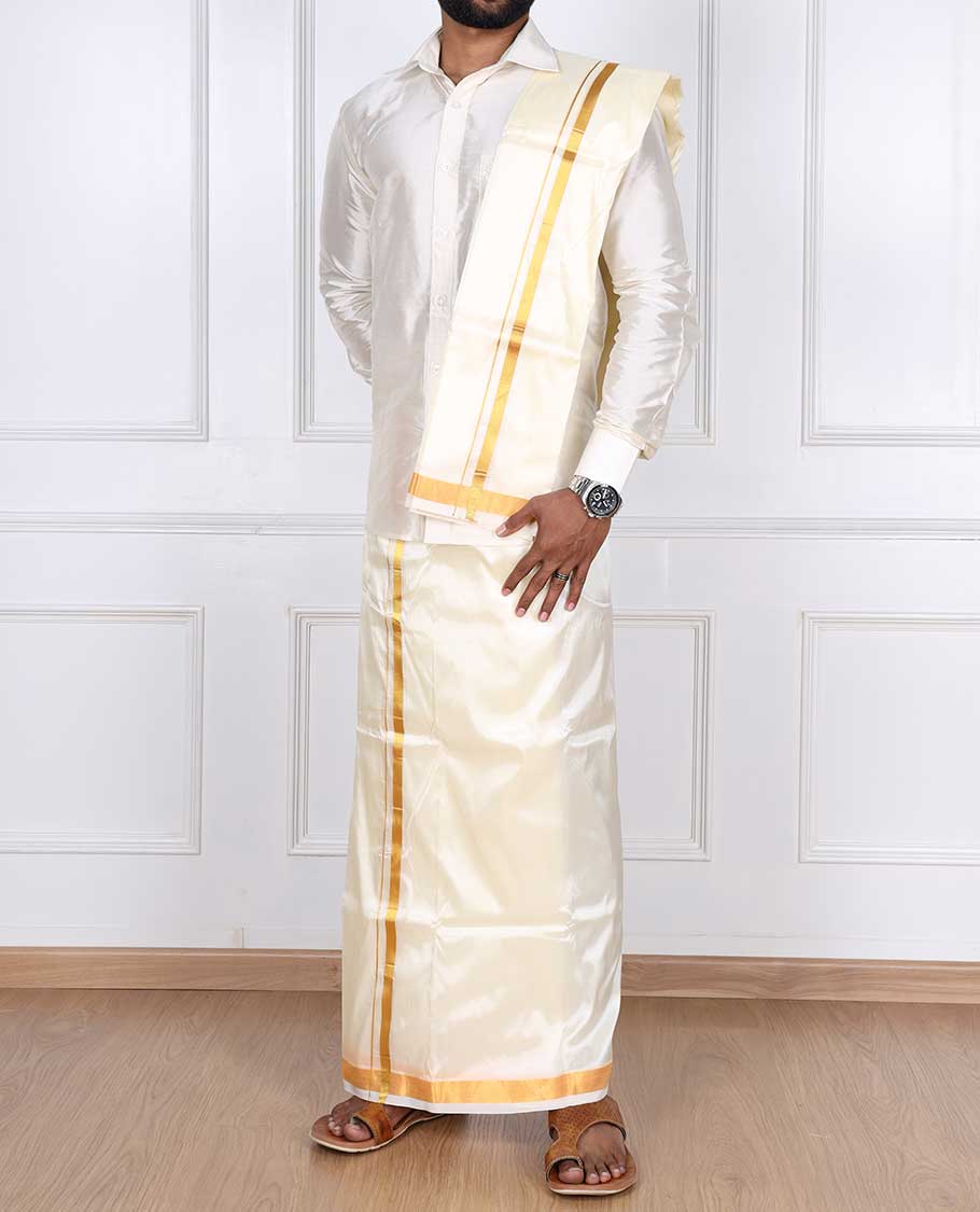 Cream zari border puresilk & polyester mix double-layer dhoti with angavastram - Image 3