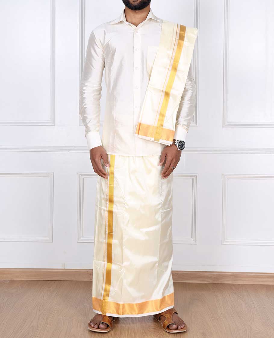 Cream zari border puresilk & polyester mix double-layer dhoti with angavastram - Image 2