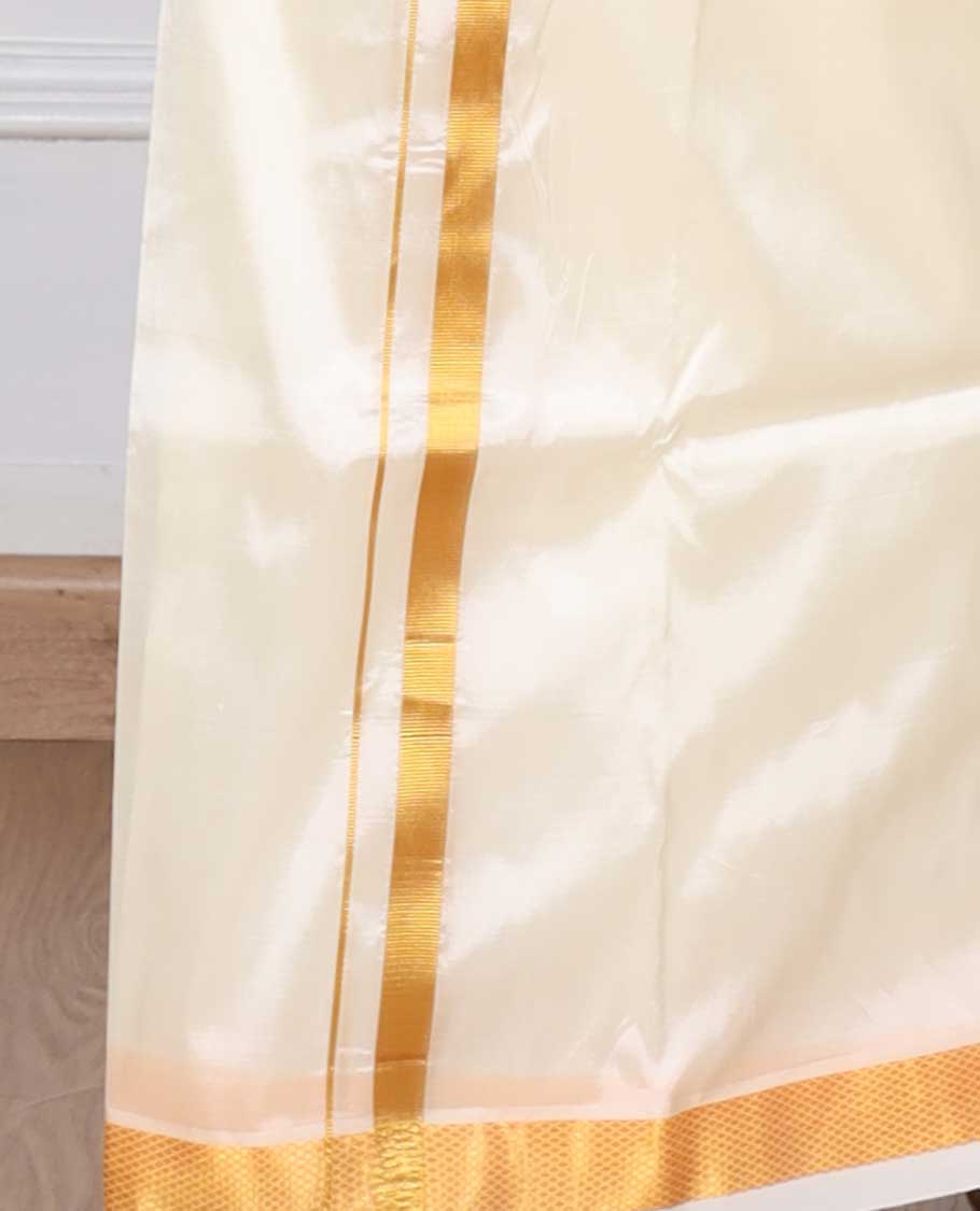 Cream zari border puresilk & polyester mix double-layer dhoti with angavastram - Image 4