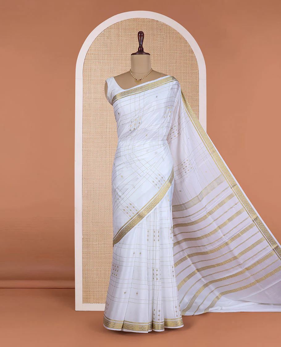 Cream zari buttas and zari checked Mysore silk saree, traditional zari design border, and zari striped pallu - Image 2