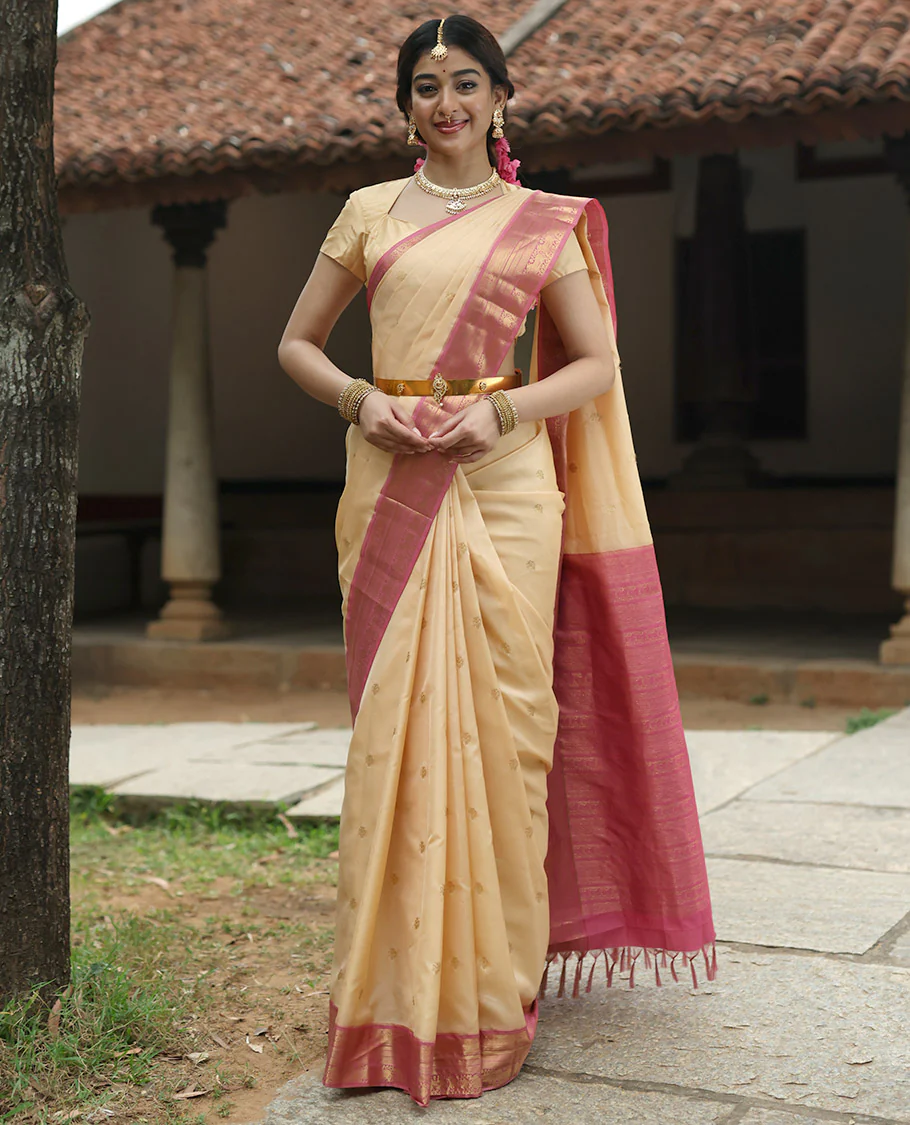 Cream Zari buttas Vasundhara elite silk saree, contrast border of mayil kann designs, intricate pallu, and Contrast plain blouse