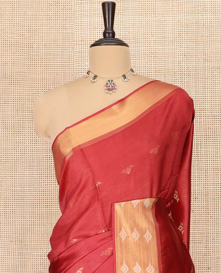 Crimson Red Banana Pith Saree Embellished with Zari Buttas, Temple Border of Zari Designs, Subtle Pallu of Zari Designs, and Paired with a Matching Blouse - Image 2