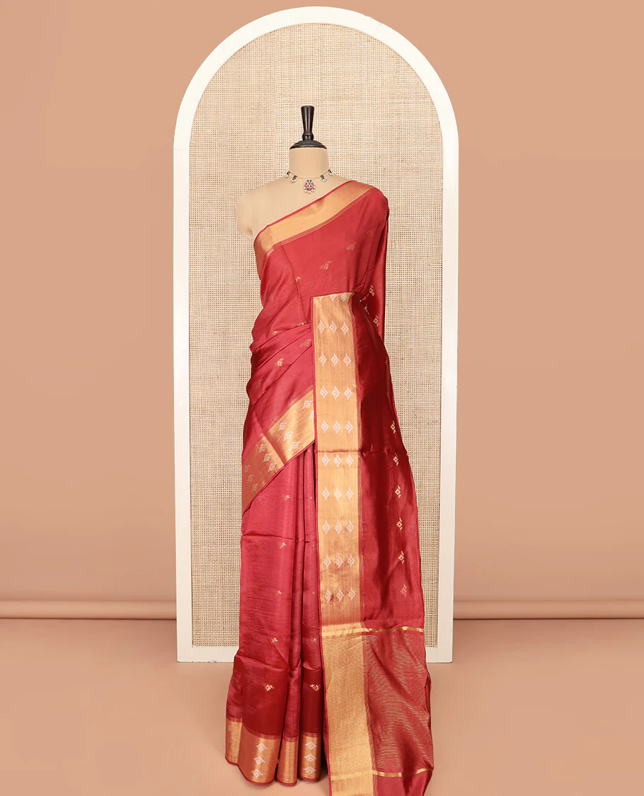 Crimson Red Banana Pith Saree Embellished with Zari Buttas, Temple Border of Zari Designs, Subtle Pallu of Zari Designs, and Paired with a Matching Blouse - Image 3
