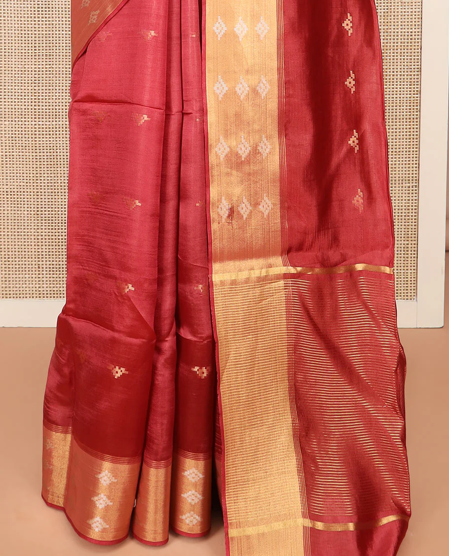 Crimson Red Banana Pith Saree Embellished with Zari Buttas, Temple Border of Zari Designs, Subtle Pallu of Zari Designs, and Paired with a Matching Blouse - Image 4