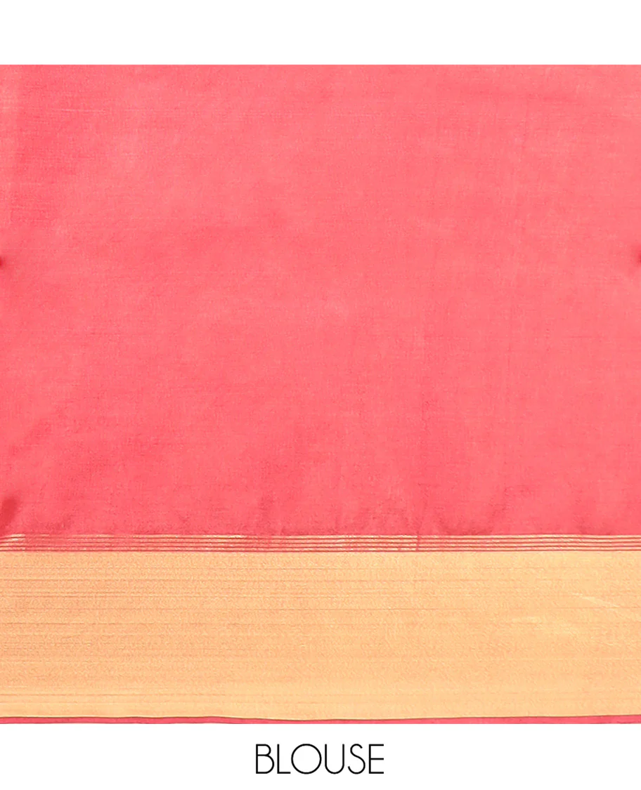 Crimson Red Banana Pith Saree Embellished with Zari Buttas, Temple Border of Zari Designs, Subtle Pallu of Zari Designs, and Paired with a Matching Blouse - Image 5