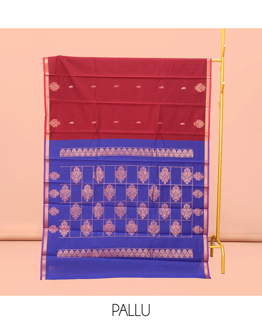 Crimson Red Semi-Silk Cotton Saree, Enriched with Zari Buttas All Over Its Body, a Subtle Zari Piping Border, Complemented by Contrast Pallu of Peacock Butta Enclosed Checked Design, and Paired with a Contrast Blouse - Image 3