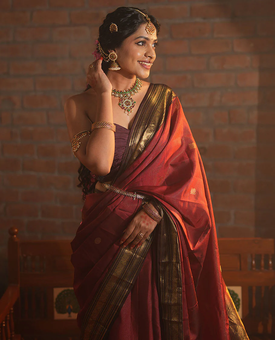 Crimson Red Vasundhara Silk Saree Featuring Vaira Oosi, and Annam Chakram Buttas, Complemented by a Contrast Border of Thilakam, Banaras, Mayil, Mayil Kann, Ara Bogudi, Muthu, and Banaras Designs, Grandly Woven Pallu, and a Contrast Blouse - Image 6
