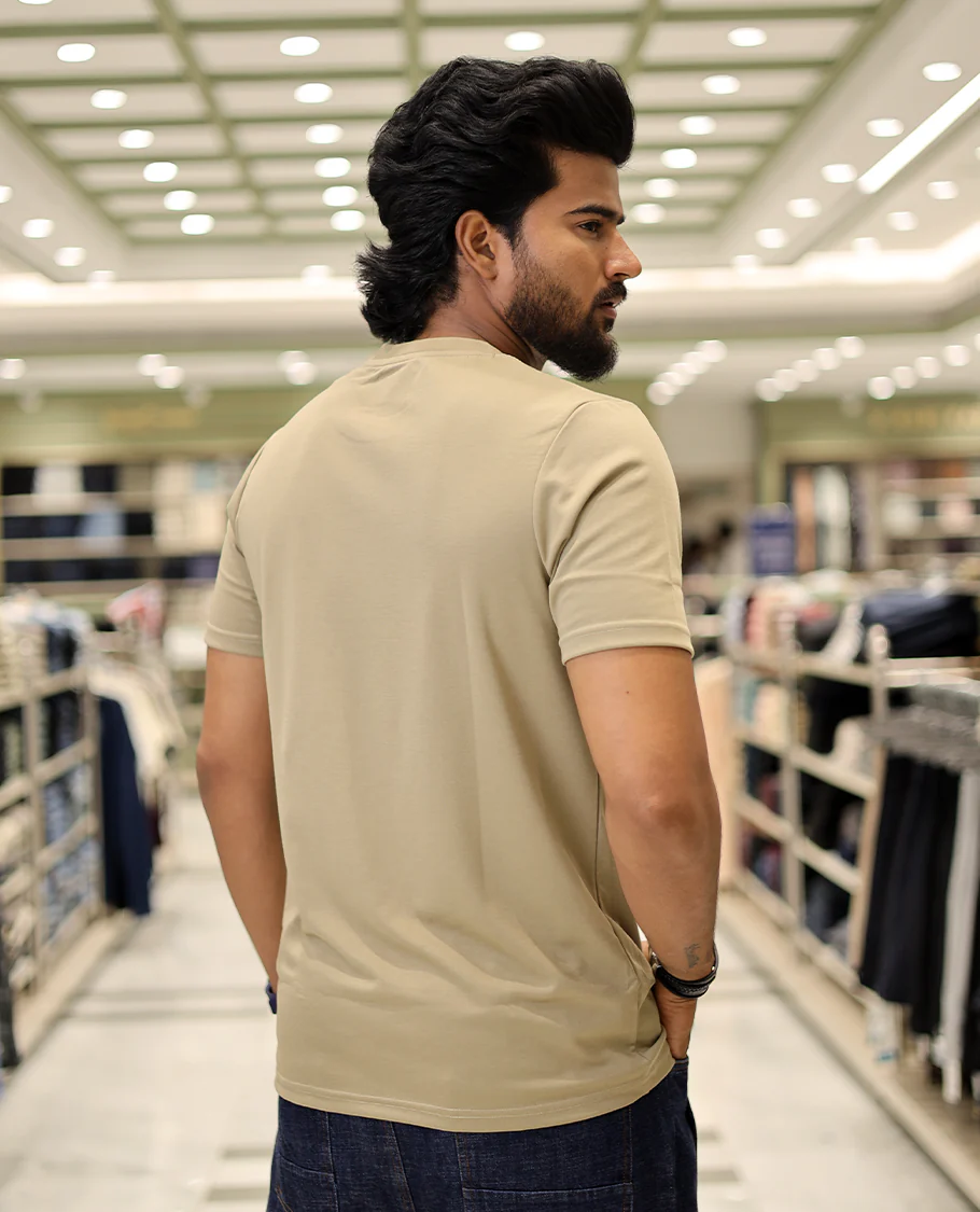 Dark Beige Cotton-Blended T-Shirt Comes with Tree-Bird Motifs Embroidery, Half-Sleeves, a Crew Neck, a Slim Fit, and Regular Length - Image 5