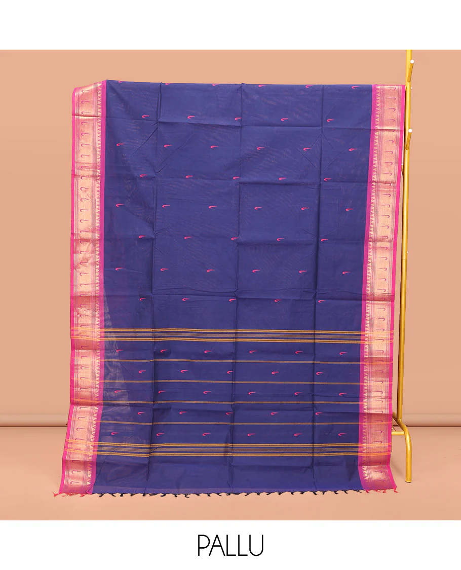 Dark Blue Chettinad Cotton Saree, Steeped with Muniya Buttas On Its Body, Complemented by a Contrast Traditional Muniya Border, Pallu of Stripes, and Paired with a Matching Blouse - Image 3