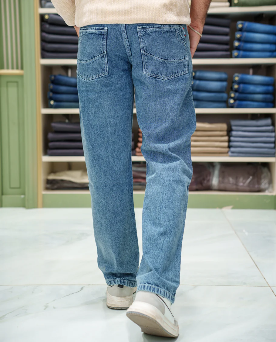Dark Blue Heathered Textured Denim Trousers Come with Baggy Fit and Regular Length - Image 4
