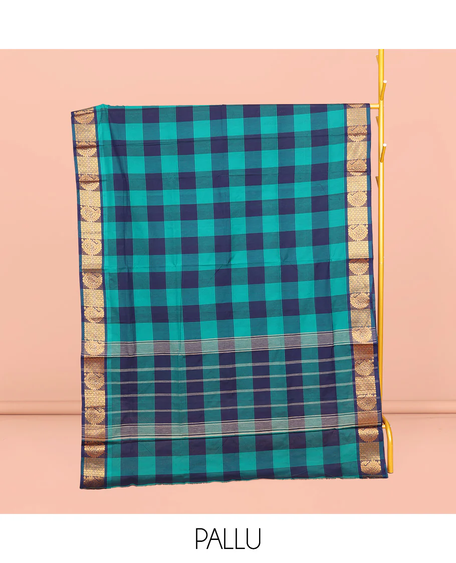 Dark Blue-Light Blue Chettinad Cotton Saree, Elevated with Checks, Highlighted by Traditional Paisley Border, Striped Pallu, and No Blouse - Image 3