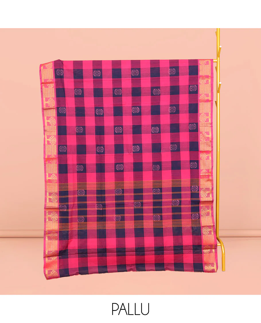Dark Blue-Pink Chettinad Cotton Saree, Woven with Checks and Buttas, Highlighted by Tree Motifs Zari Border, Pallu of Stripes, and No Blouse - Image 3
