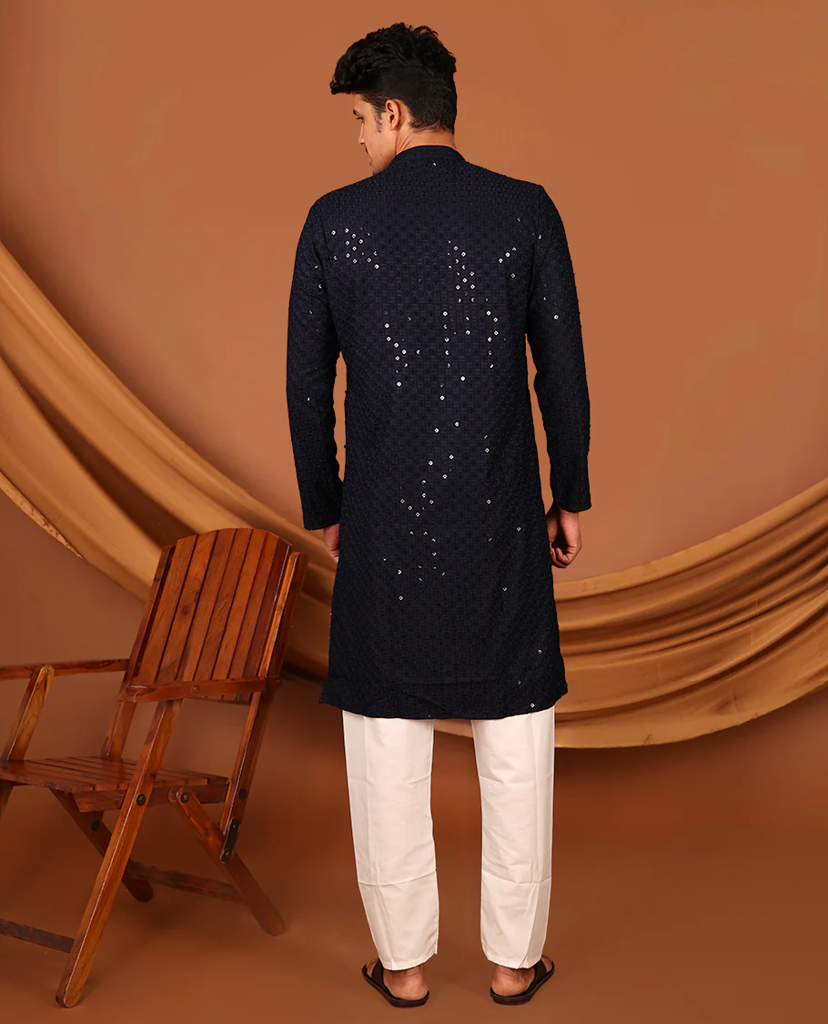 Dark Blue Sequins and Thread Chikankari-Style Embroidered Full-Sleeved Men's Kurta - Image 5