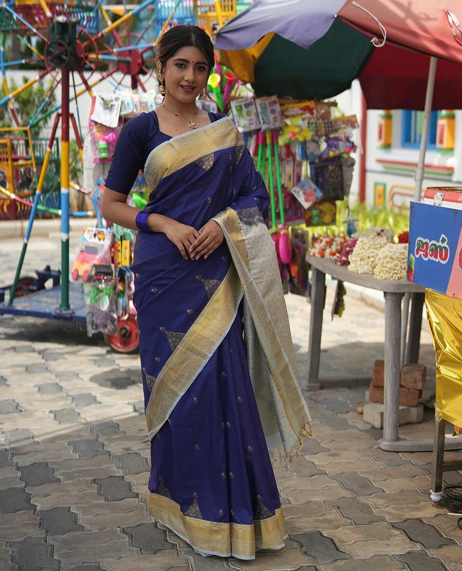 Dark Blue-Sky Blue Budget Silk Saree, Embellished with Floral Buttas, Contrast Traditional Border, Grand Pallu, and Contrast Blouse