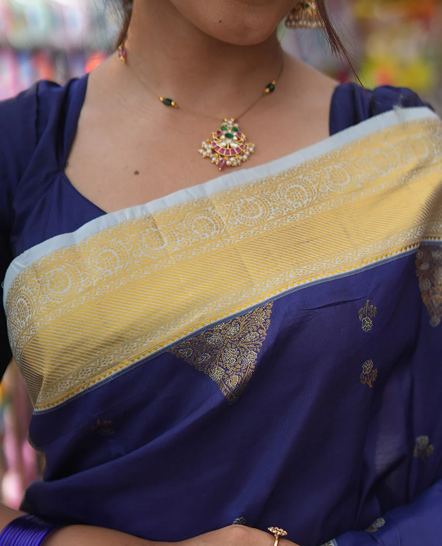 Dark Blue-Sky Blue Budget Silk Saree, Embellished with Floral Buttas, Contrast Traditional Border, Grand Pallu, and Contrast Blouse - Image 2