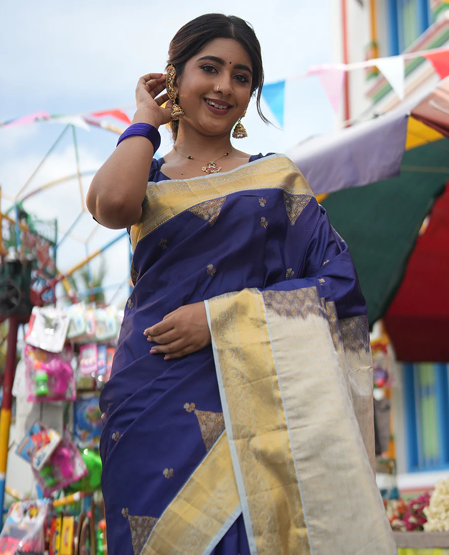 Dark Blue-Sky Blue Budget Silk Saree, Embellished with Floral Buttas, Contrast Traditional Border, Grand Pallu, and Contrast Blouse - Image 3