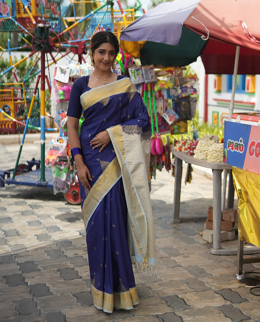 Dark Blue-Sky Blue Budget Silk Saree, Embellished with Floral Buttas, Contrast Traditional Border, Grand Pallu, and Contrast Blouse - Image 4