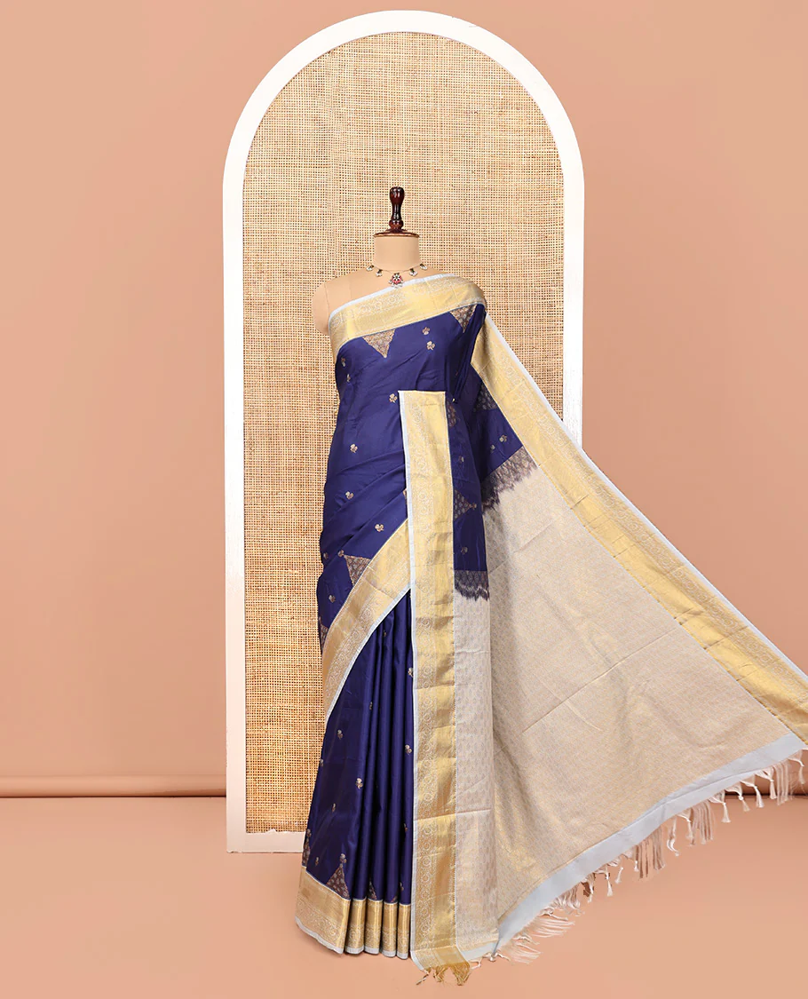 Dark Blue-Sky Blue Budget Silk Saree, Embellished with Floral Buttas, Contrast Traditional Border, Grand Pallu, and Contrast Blouse - Image 5