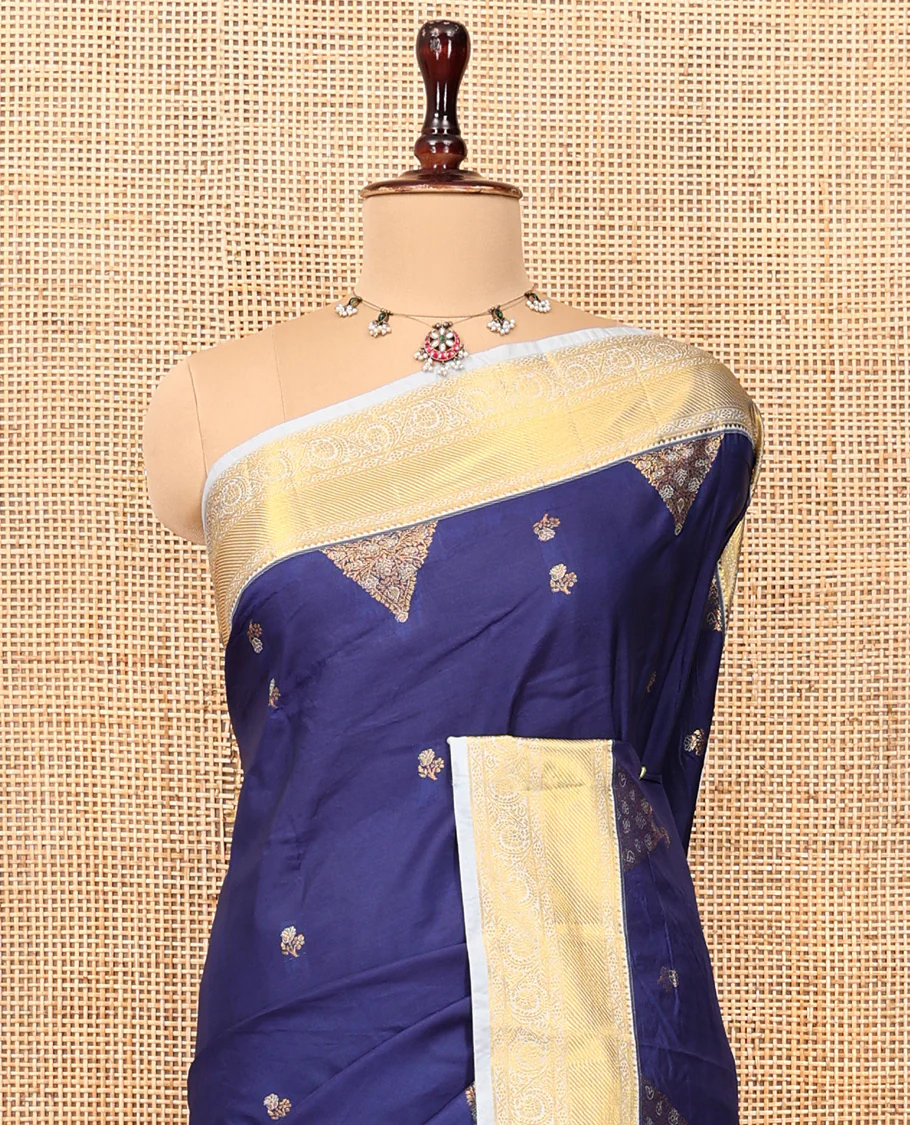 Dark Blue-Sky Blue Budget Silk Saree, Embellished with Floral Buttas, Contrast Traditional Border, Grand Pallu, and Contrast Blouse - Image 6