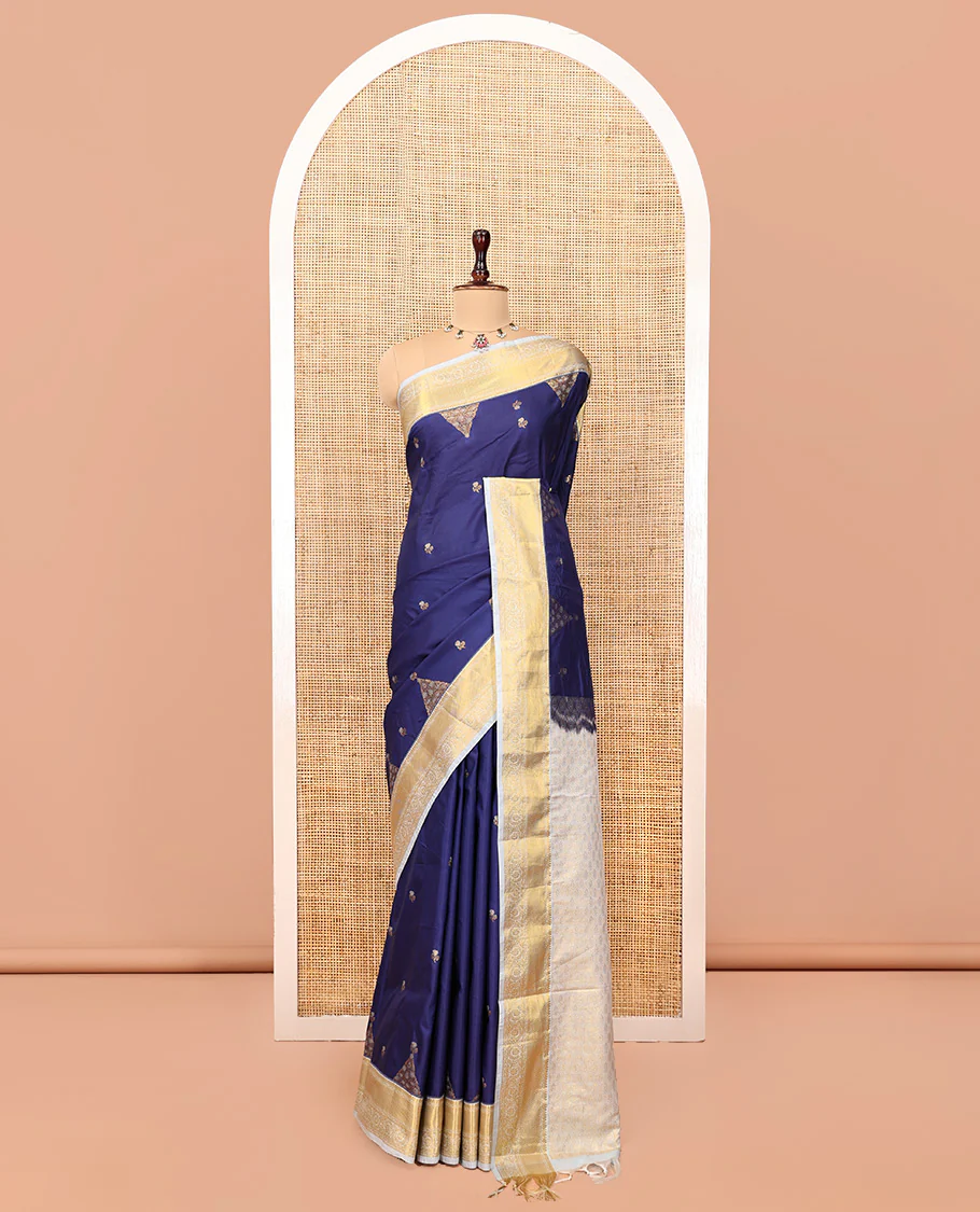 Dark Blue-Sky Blue Budget Silk Saree, Embellished with Floral Buttas, Contrast Traditional Border, Grand Pallu, and Contrast Blouse - Image 7